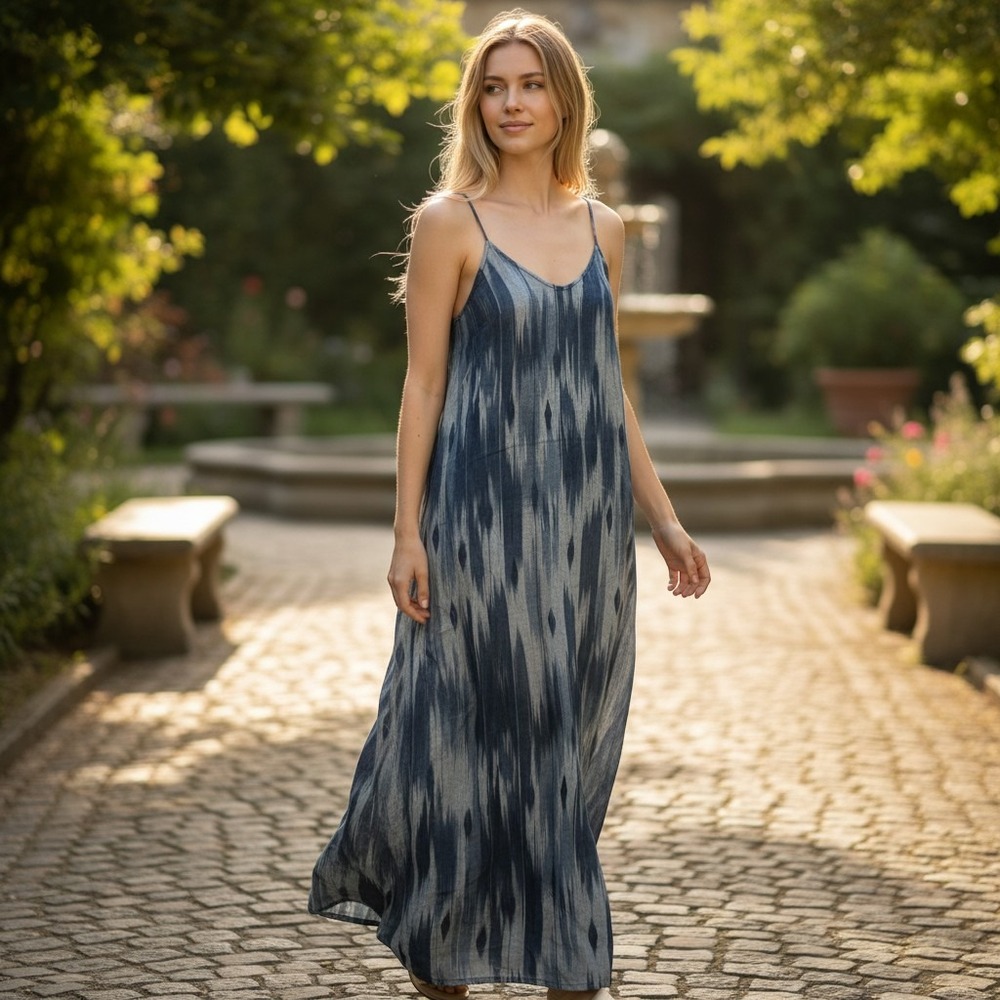 Liverpool Los Angeles Blue Ikat Print Tencel Maxi Dress XS NWT $119